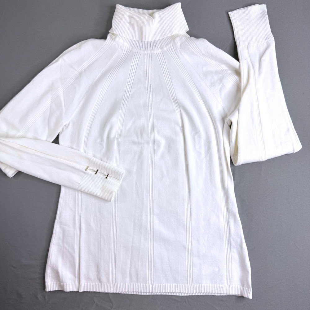 White House Black Market White Ribbed Turtleneck Sweater Silver Cuff Detail L